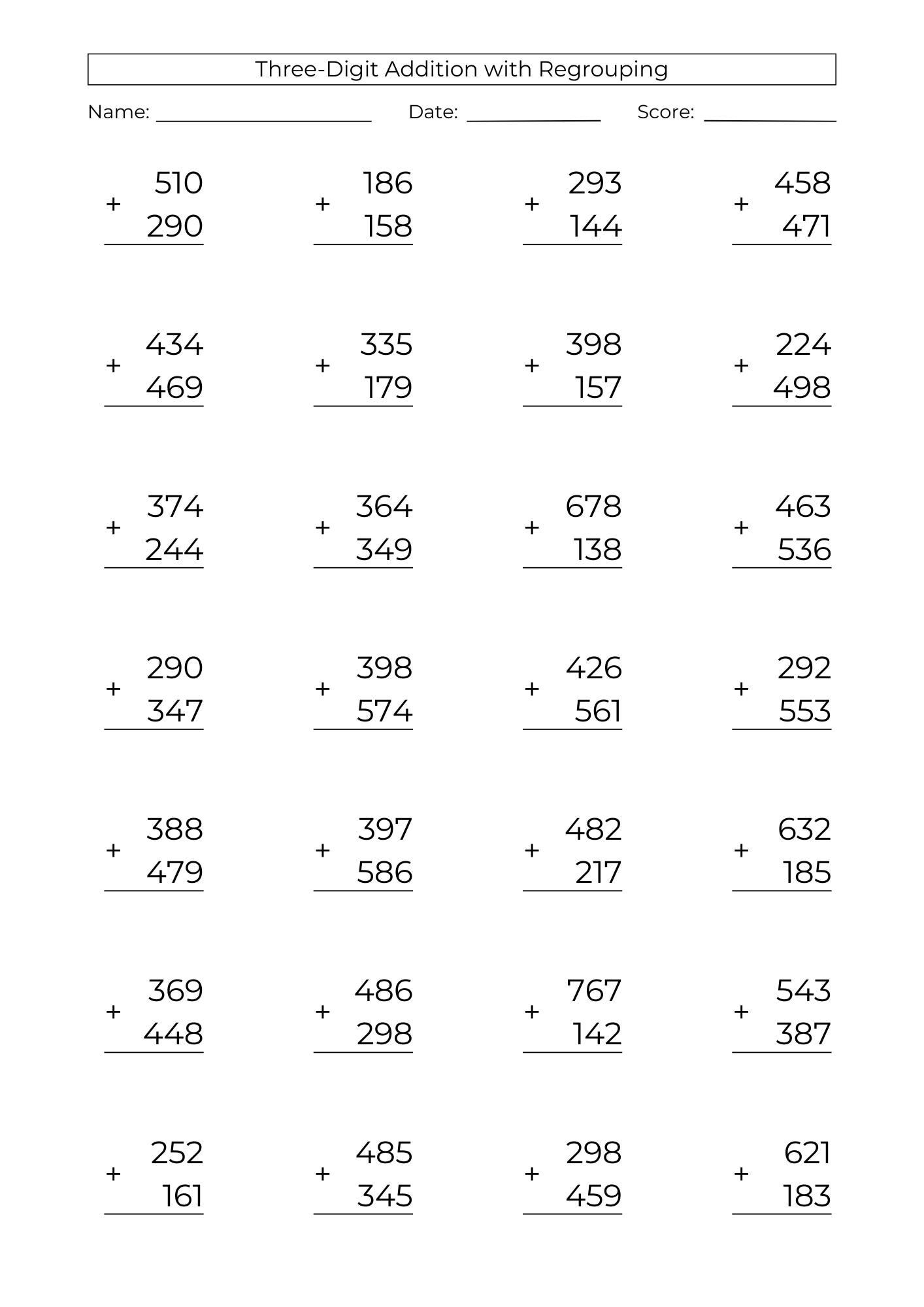 10 Printable 3 digit Addition Worksheets 3rd Grade Math Drills PDF Download Etsy