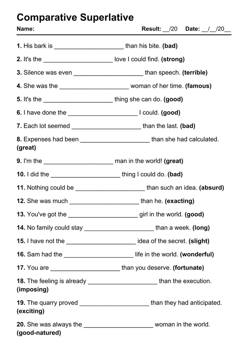 101 Comparative Superlative PDF Worksheets With Answers Grammarism