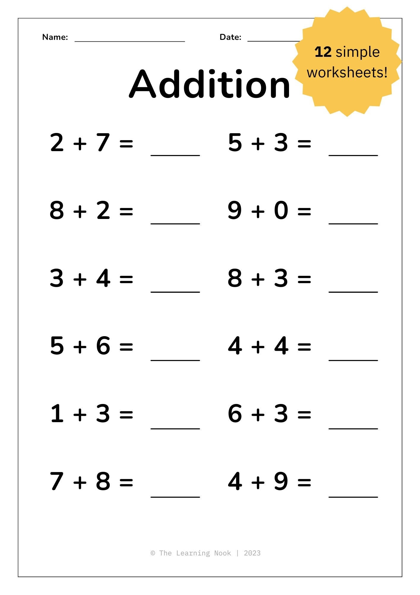 12 Single Digit Addition Worksheets Homeschool Kindergarten First Grade Maths Drills PDF Etsy