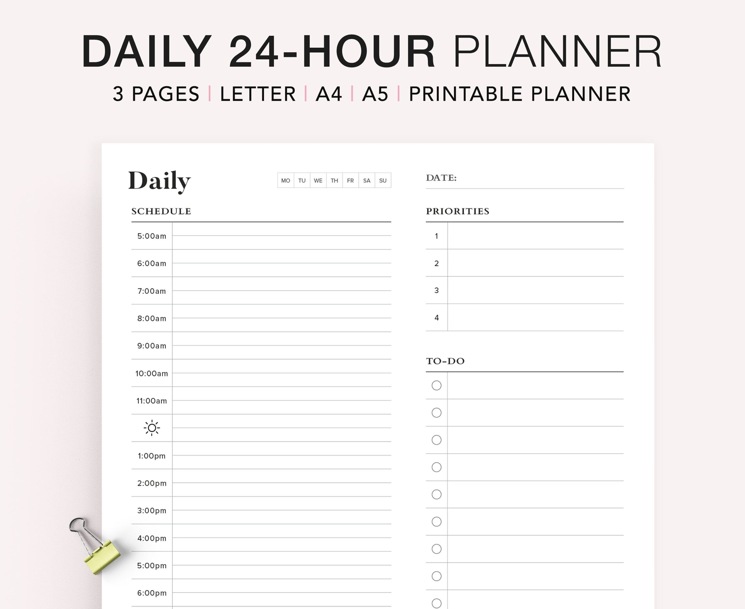 24 Hour Daily Planner Printable Hourly Schedule A5 Inserts PDF Etsy