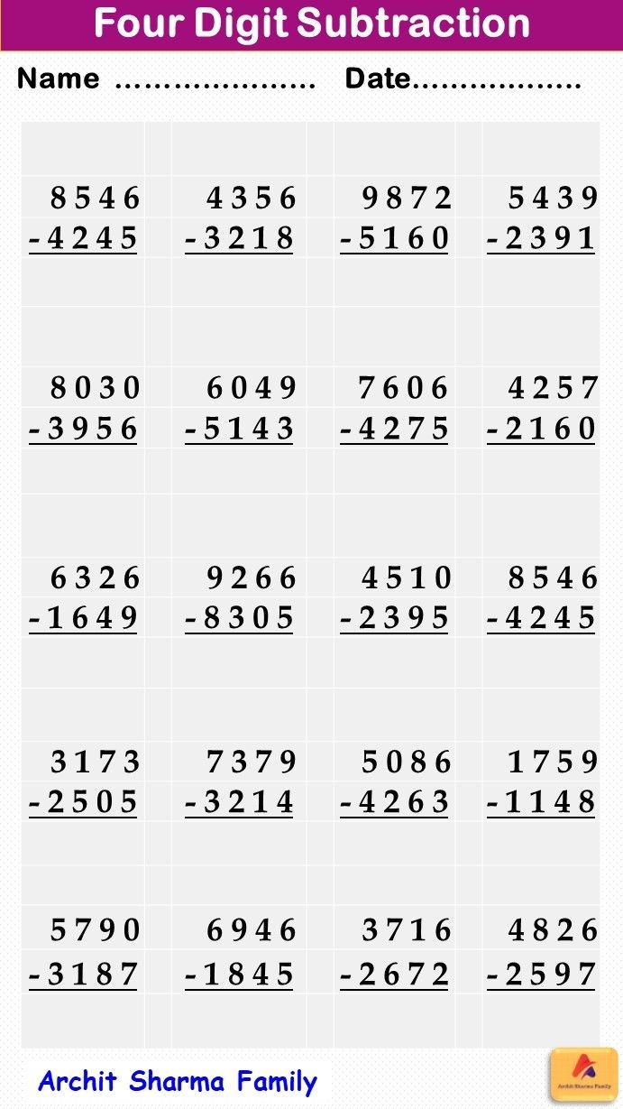 4 Digit Subtraction Math Aids