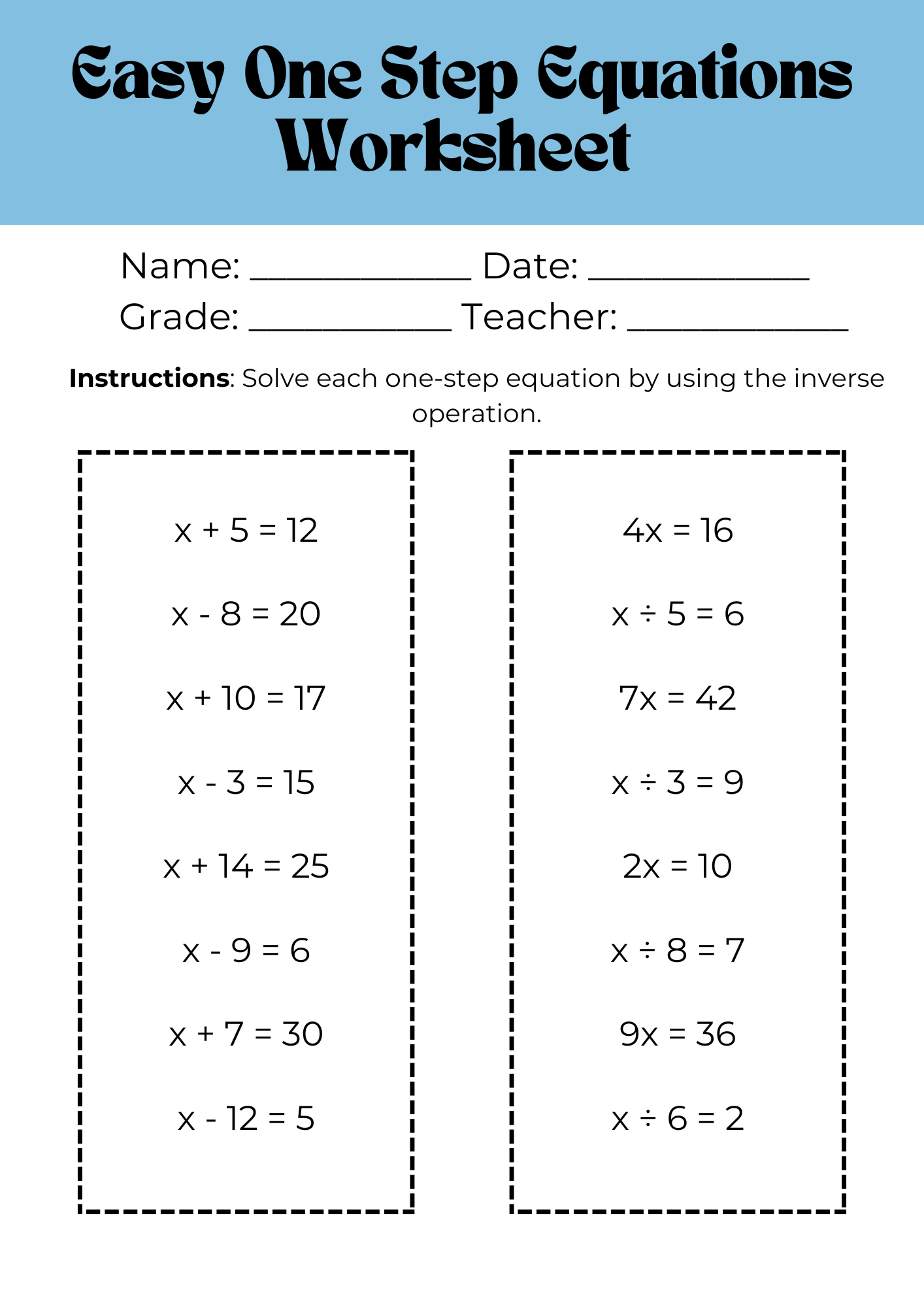 one step equation worksheet