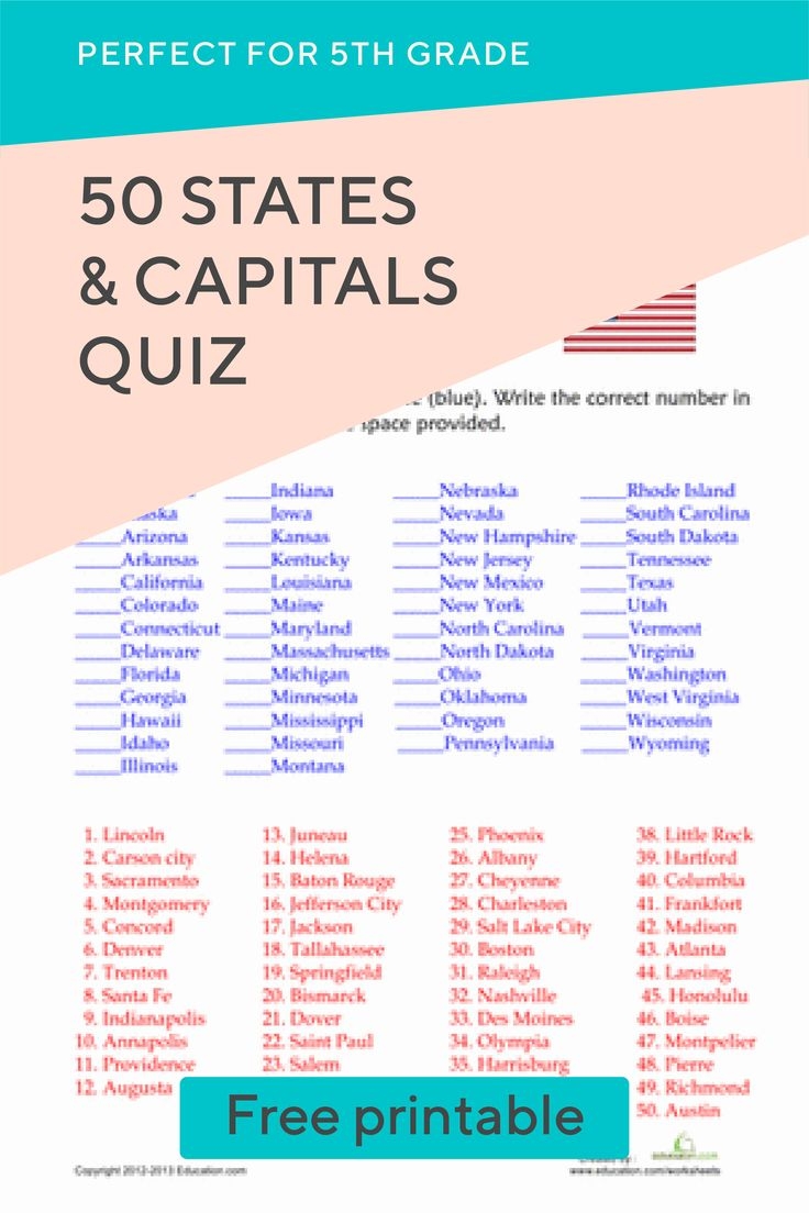 50 States And Capitals Quiz Worksheet Education 50 States And Capitals Quiz Worksheet Education