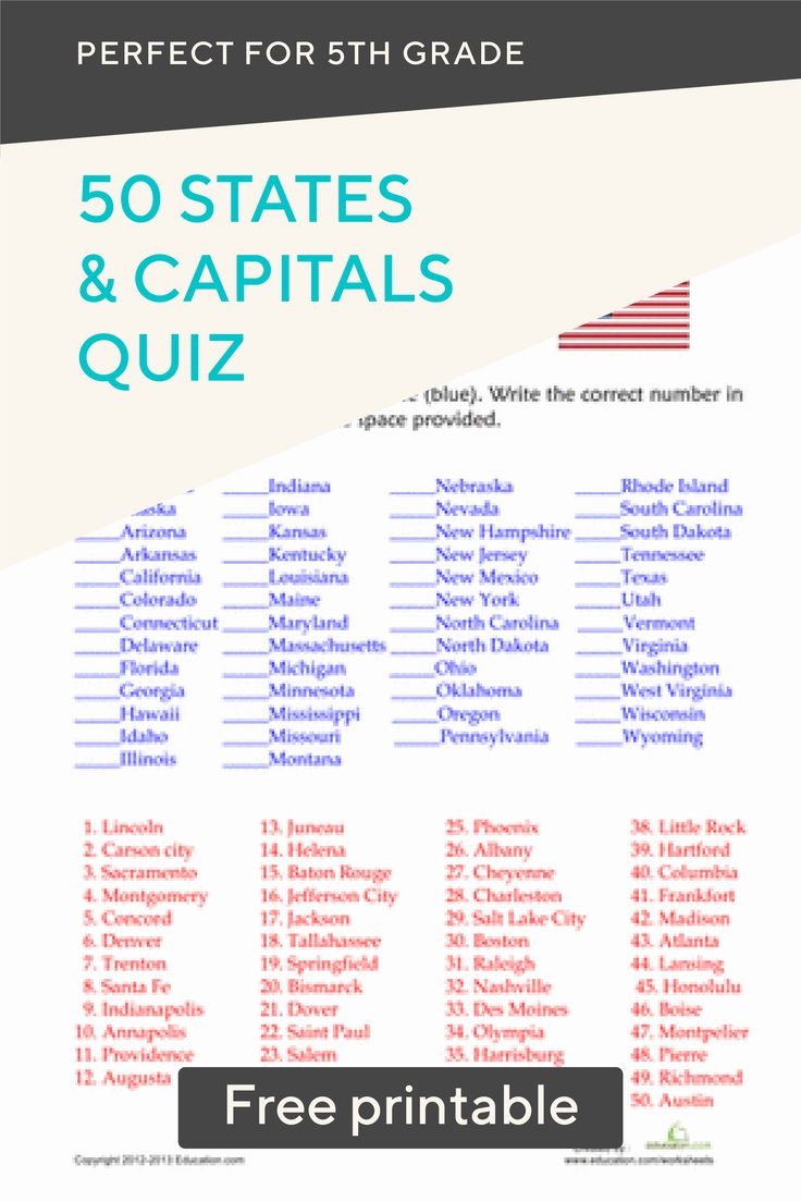 50 States And Capitals Quiz Worksheet Education 50 States And Capitals Quiz Worksheet Education