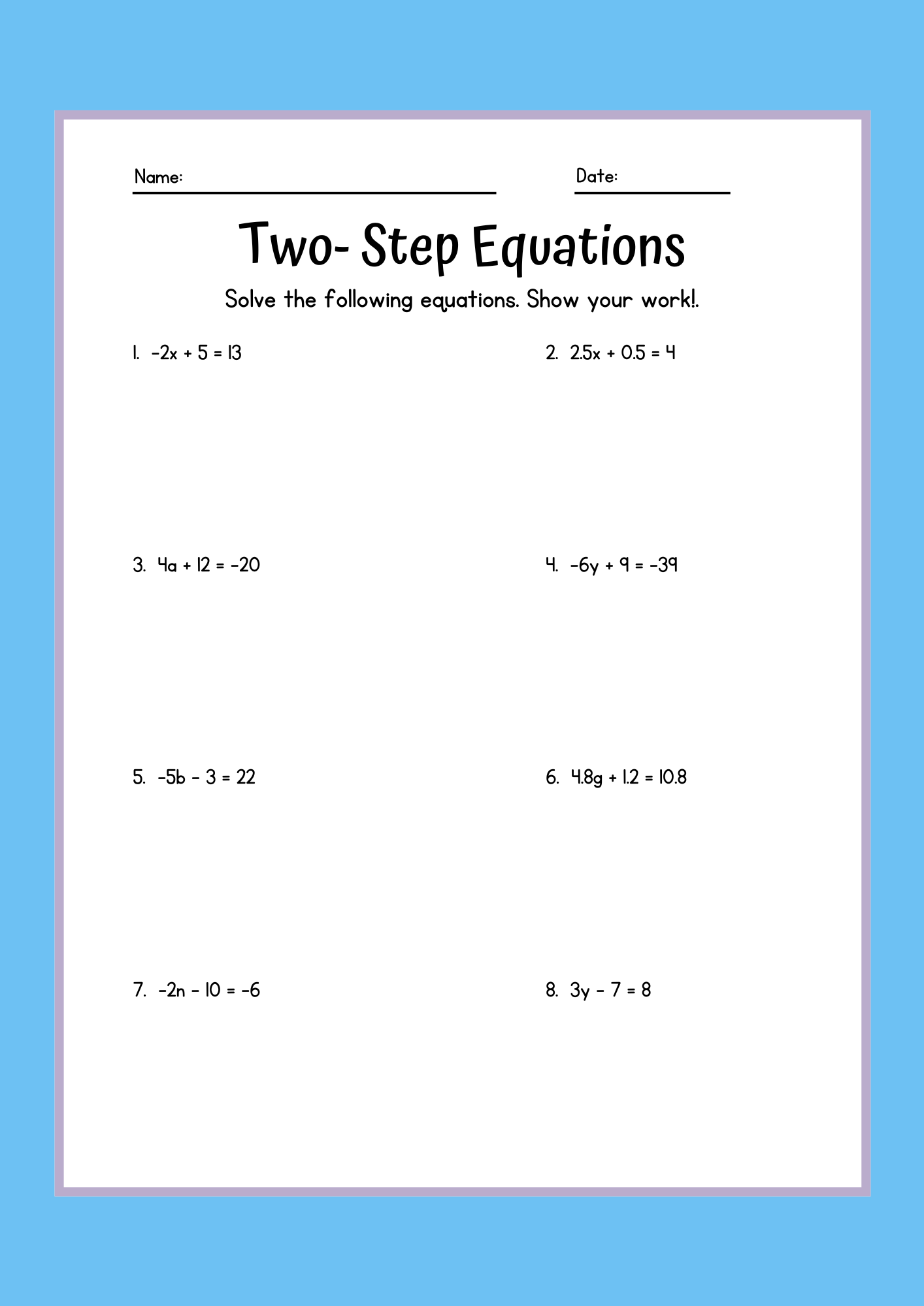 two step equations worksheet
