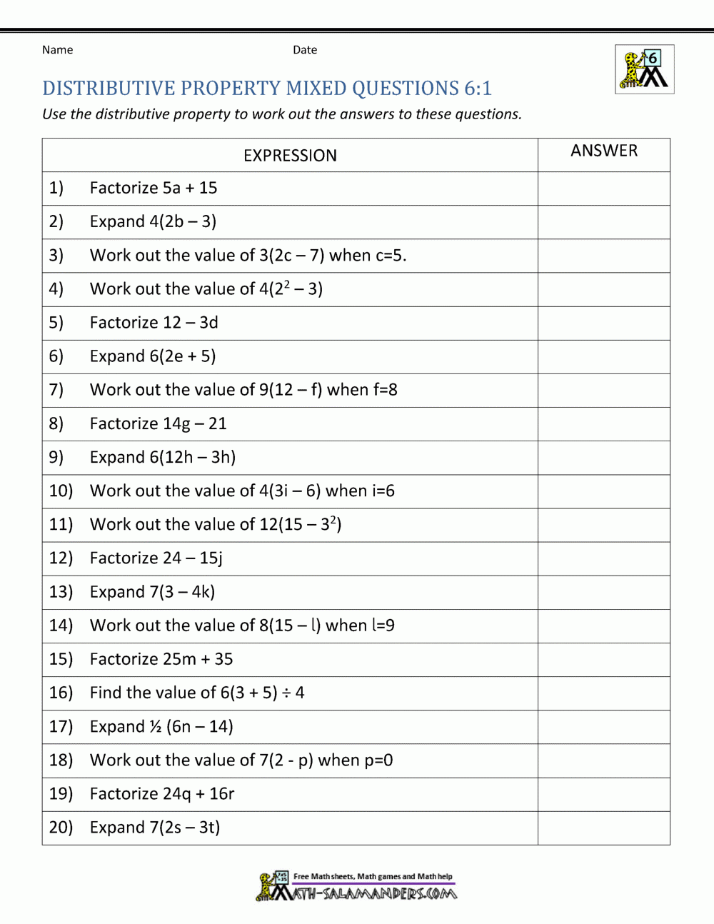 6th Grade Distributive Property Worksheets