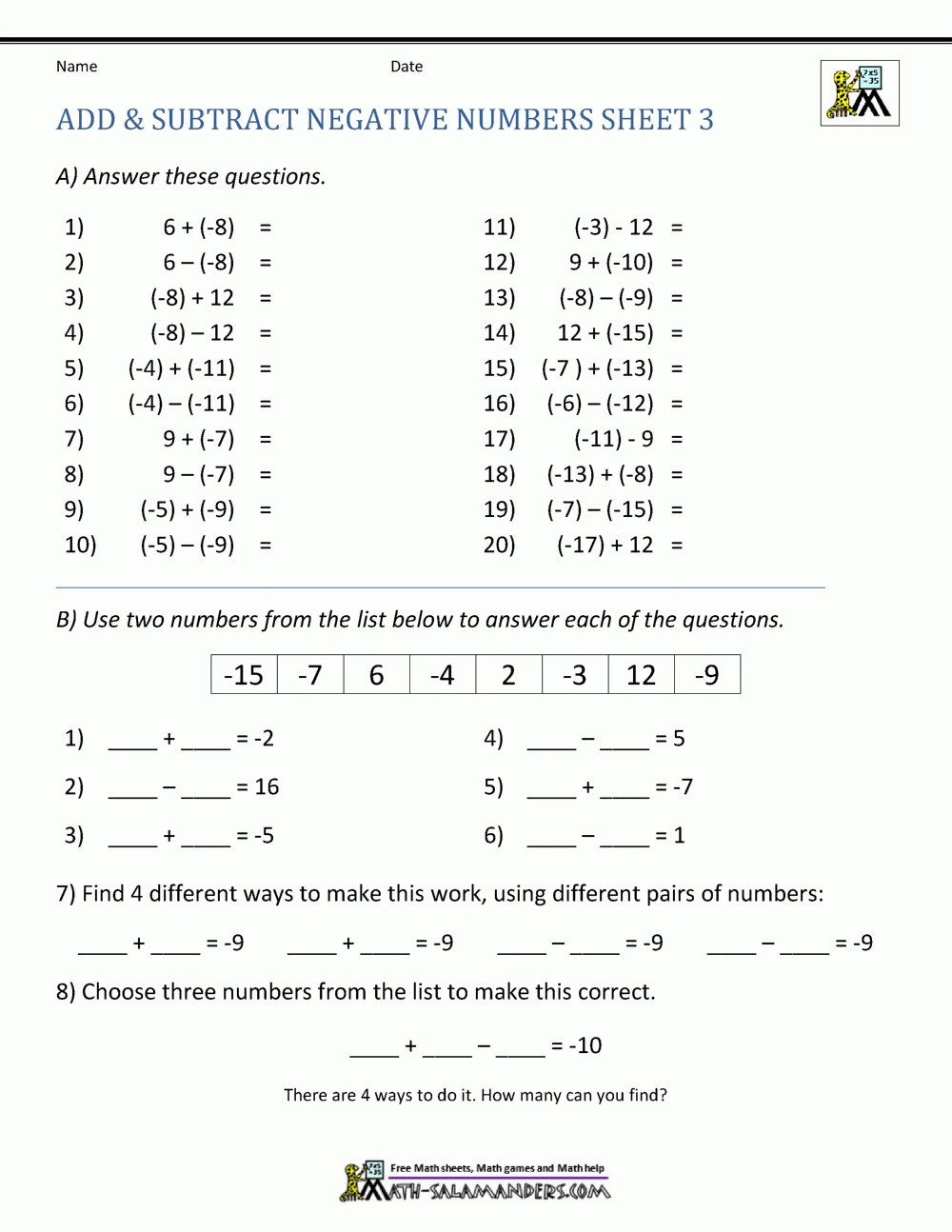 Adding And Subtracting Negative Numbers Adding And Subtracting Negative Numbers