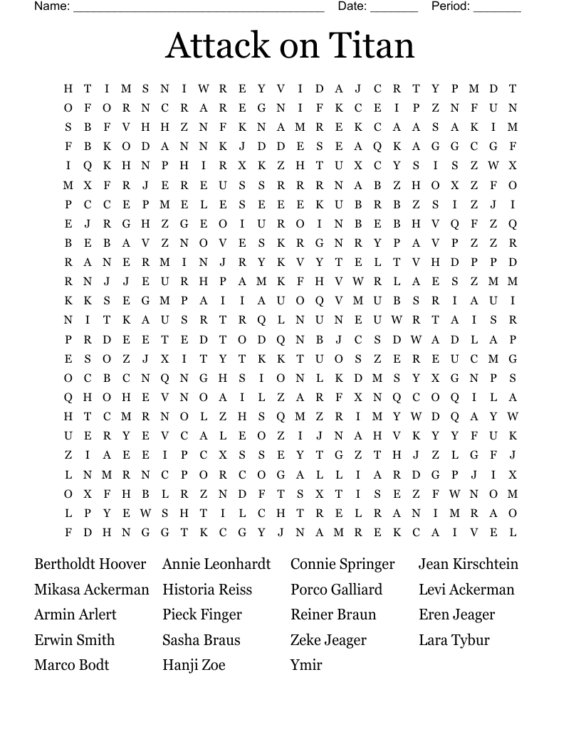 Attack On Titan Word Search WordMint