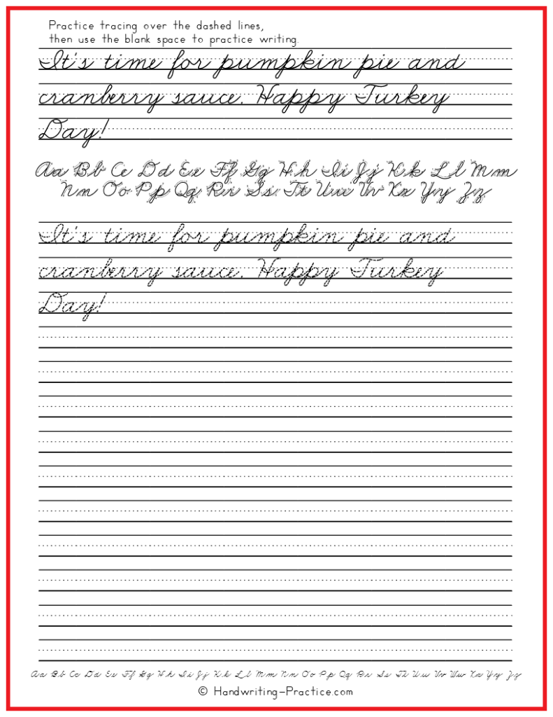 Cheerful Thanksgiving Note To Write In Cursive Handwriting Practice