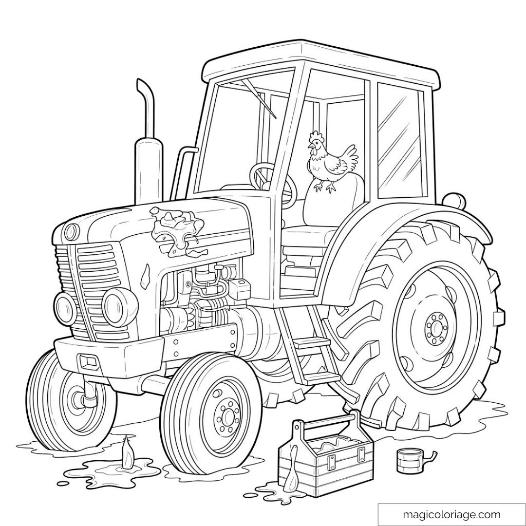 Coloring Page Tractor With Hen In The Cabin Fun And Detailed