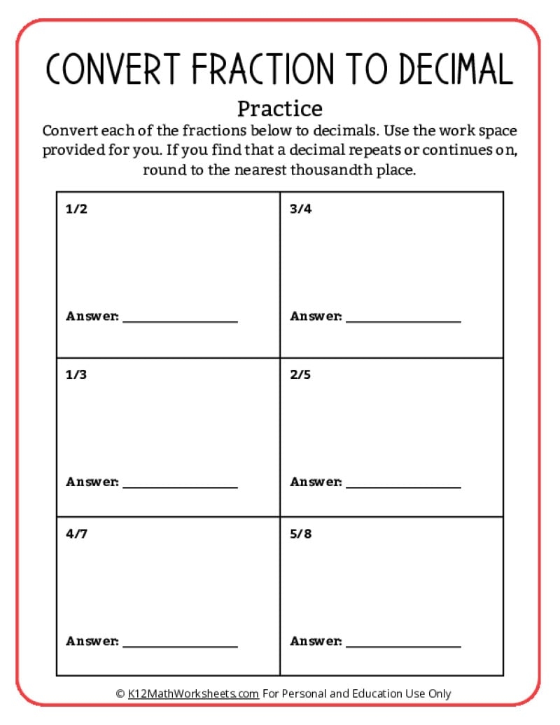 fraction to decimal worksheet