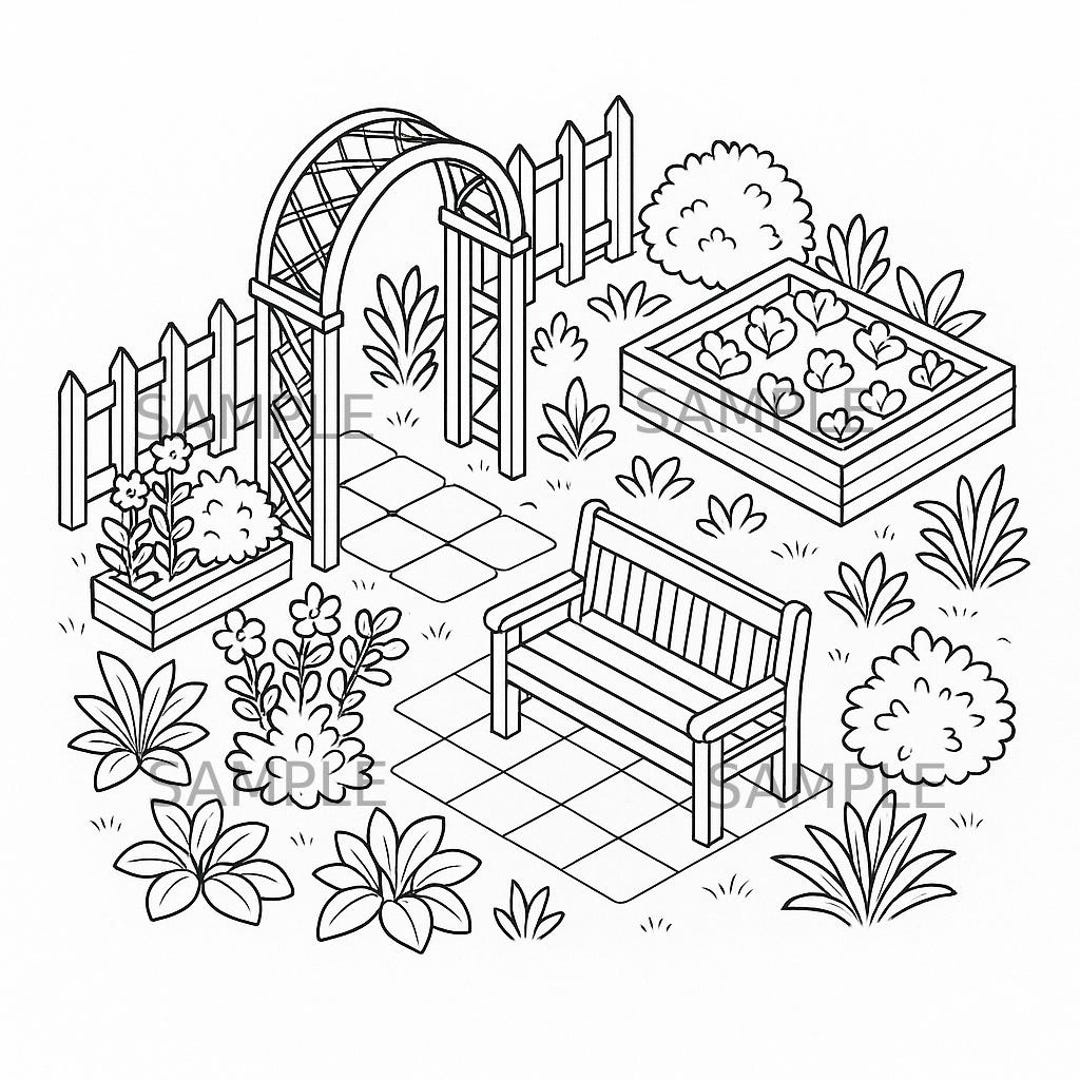 Cozy Garden Coloring Page Printable Relaxing Raised Bed Garden Scene Digital Download For Kid And Adult Outdoor Bench Flowers Line Art Etsy