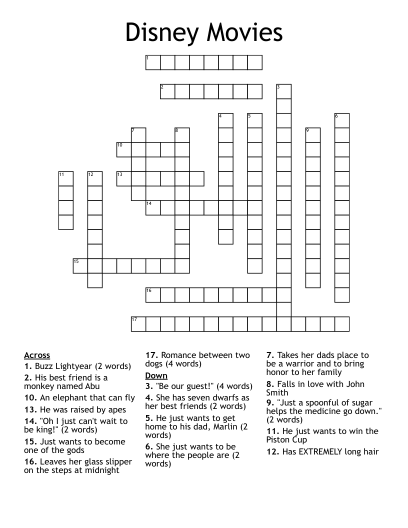 Disney Movies Crossword WordMint