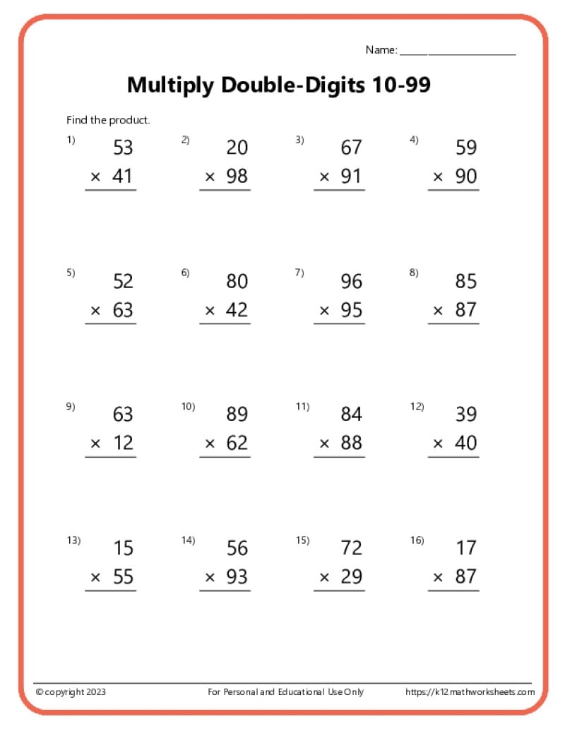 Double Digit Multiplication Worksheets