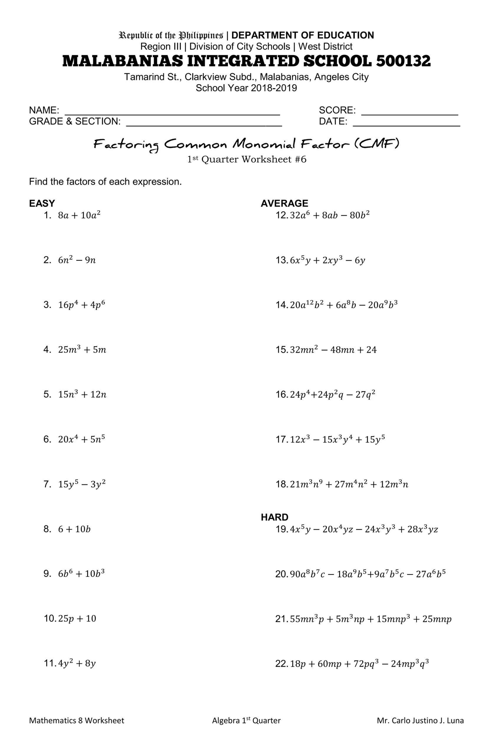 factoring common factors worksheet