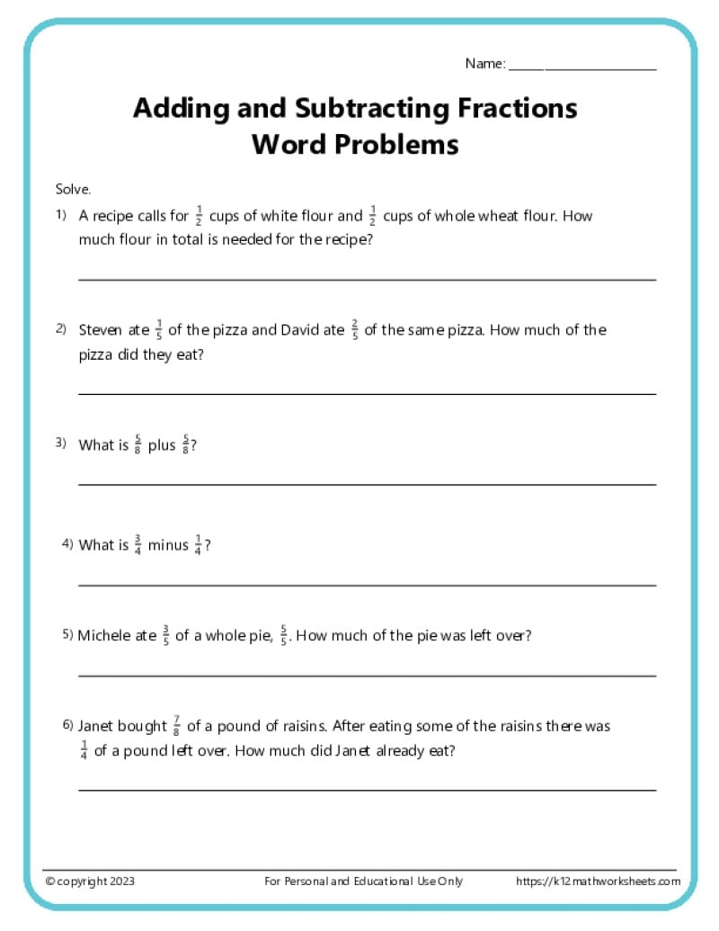 Fraction Word Problems Worksheets K12 Math Worksheets