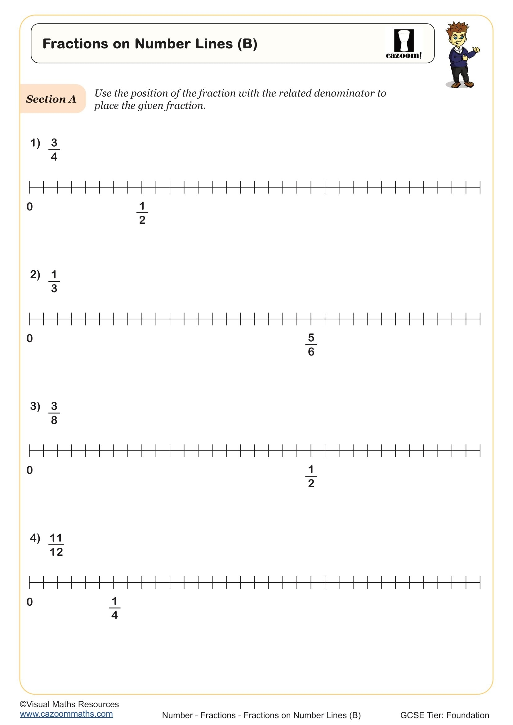 fraction number lines worksheet