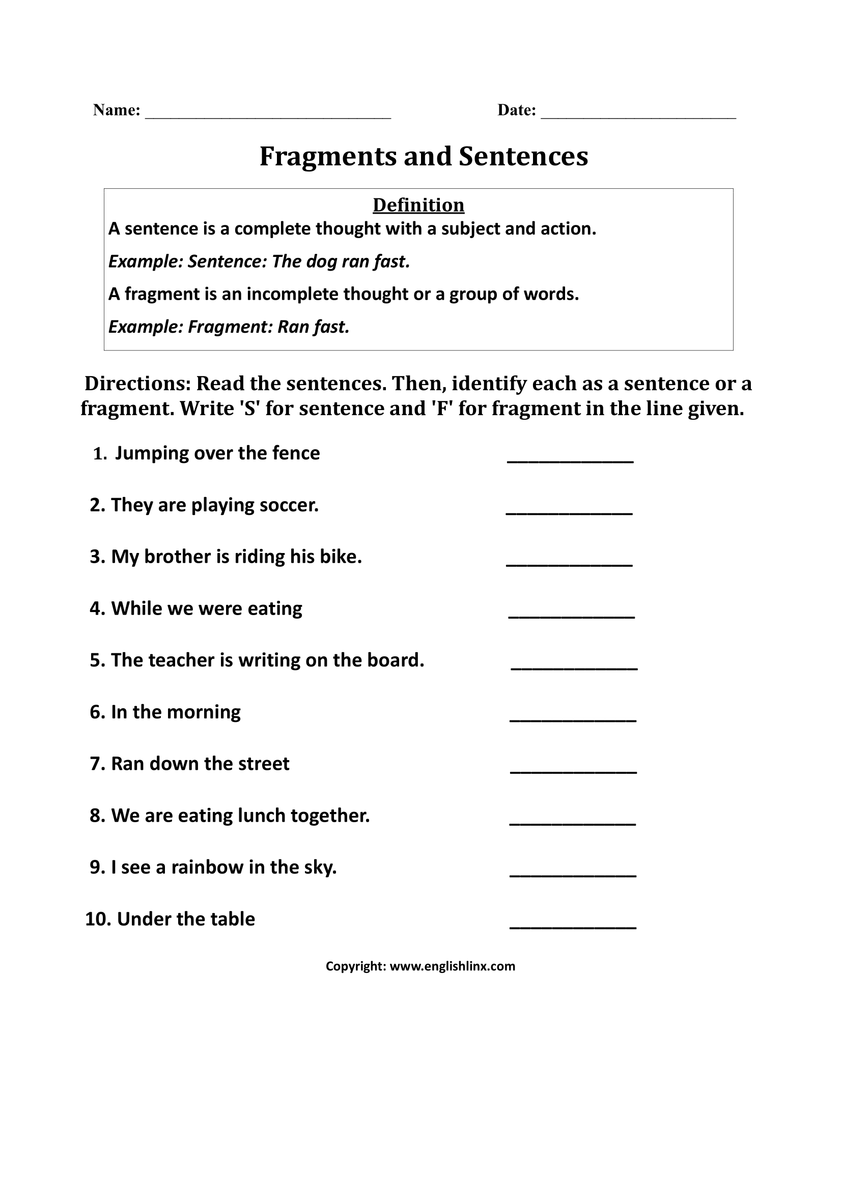 worksheets for sentences and fragments