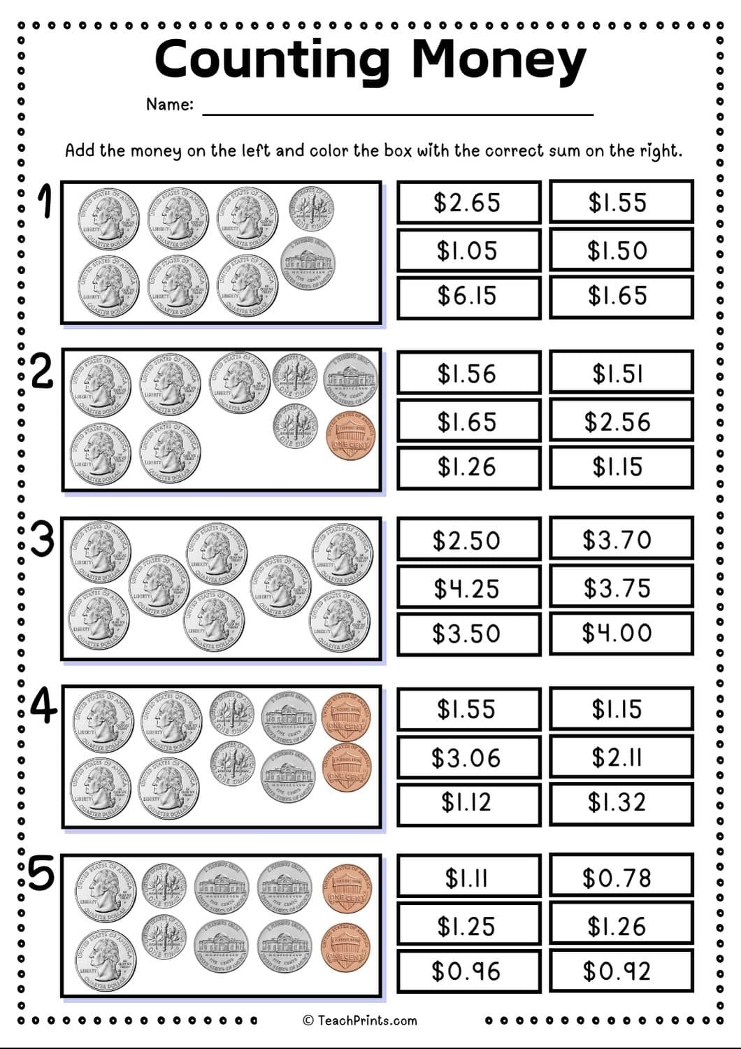 free printable money math worksheets