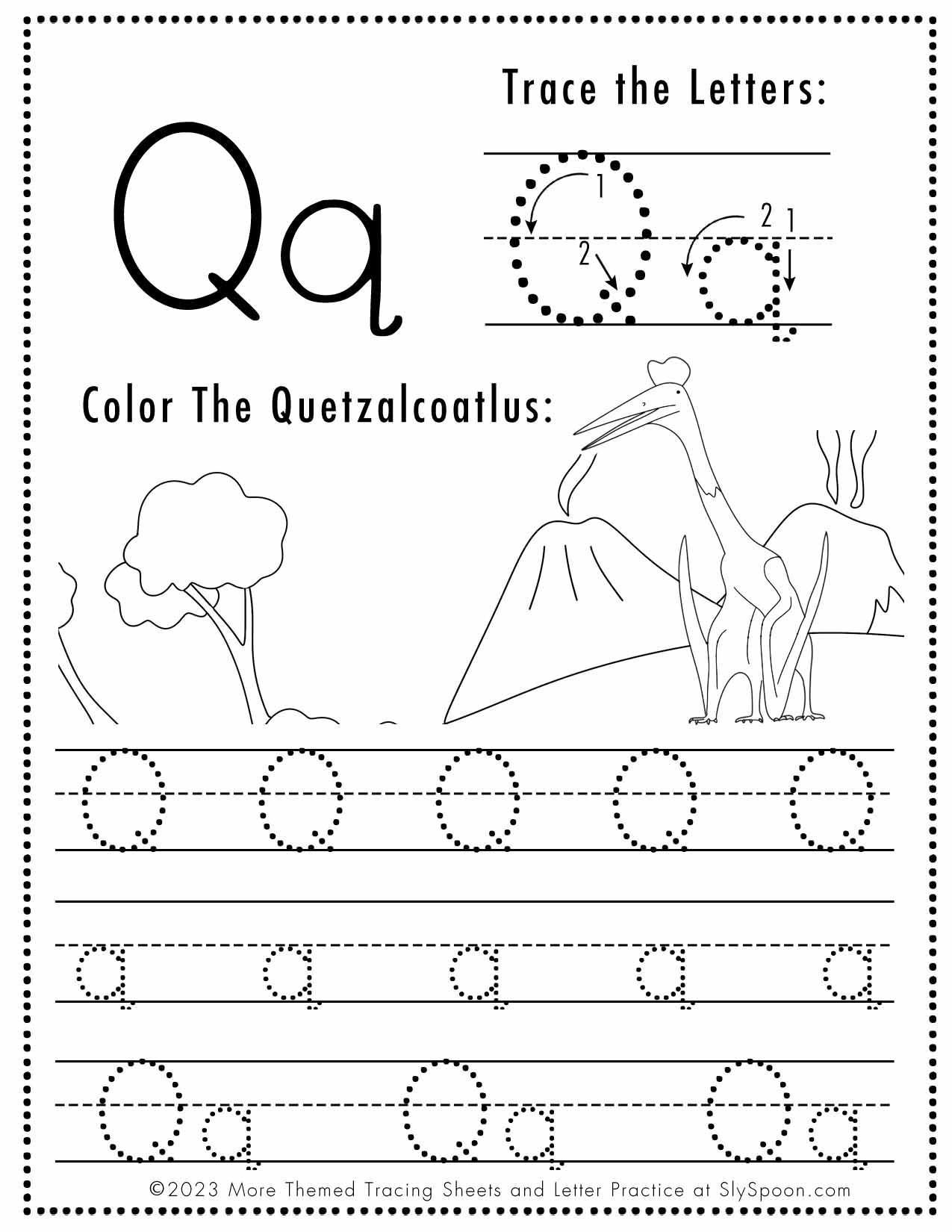 Free Letter Q Tracing Worksheet Printable Dinosaur Themed Sly Spoon