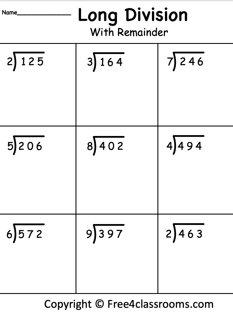 Free Long Division Worksheet 3 Digits By 1 With Remainder