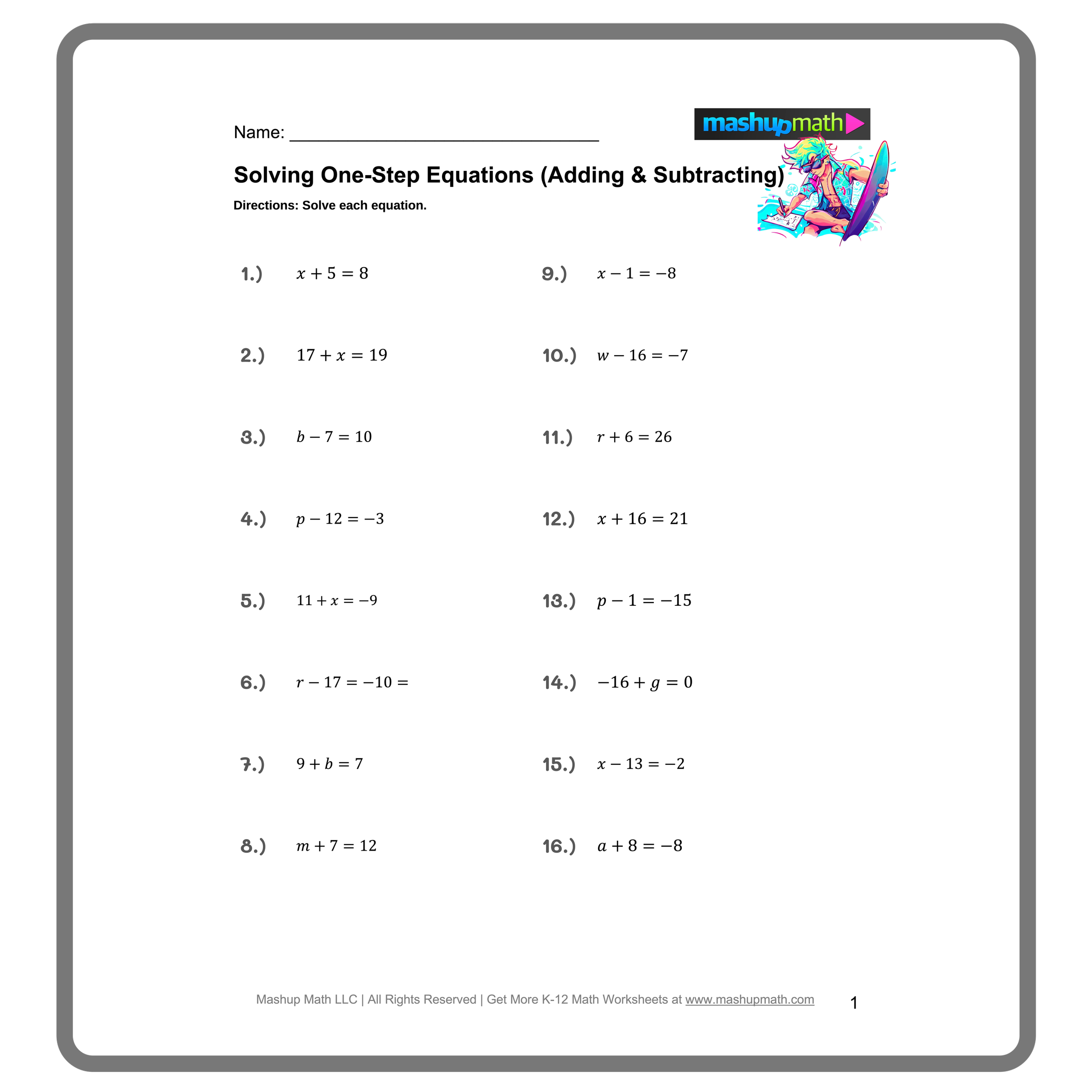 Free One Step Equations Worksheets Mashup Math