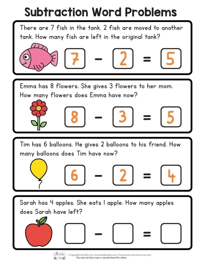 Free Printable Subtraction Word Problems Worksheets For Kindergarten Itsy Bitsy Fun Free Printable Subtraction Word Problems Worksheets For Kindergarten Itsy Bitsy Fun