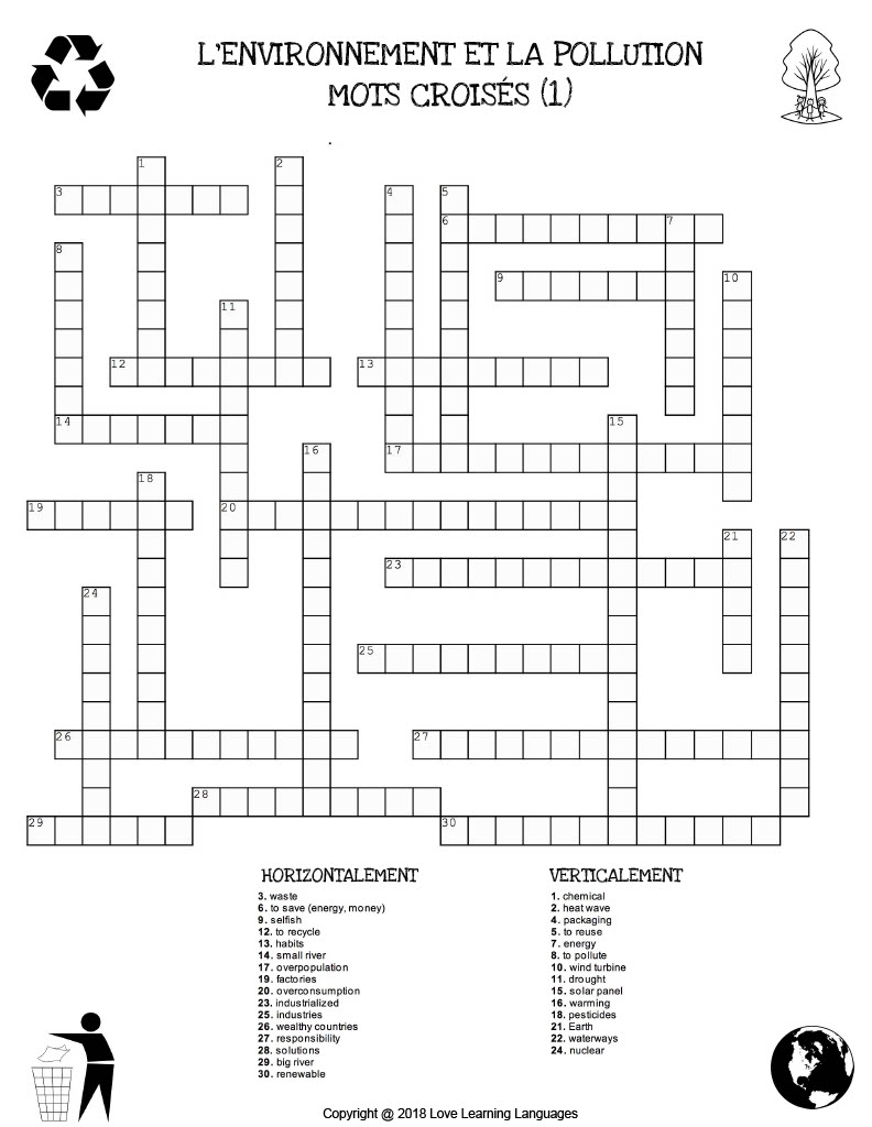 French The Environment And Pollution Crossword Puzzles By Teach Simple