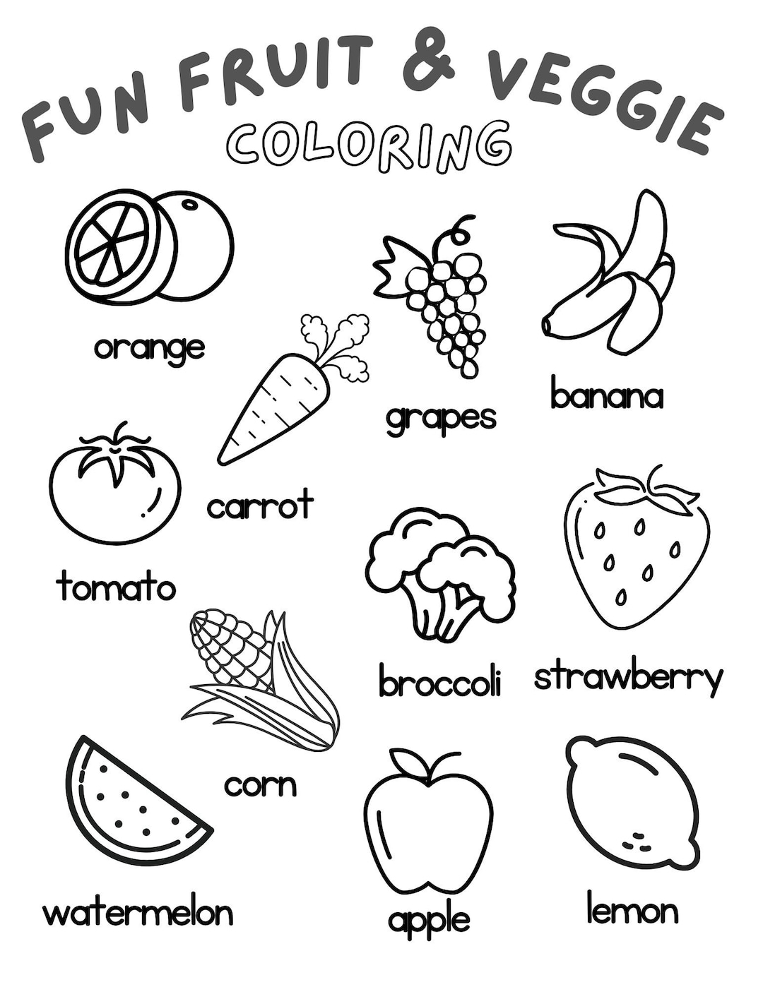 Fruit And Veggie Coloring Sheet Etsy