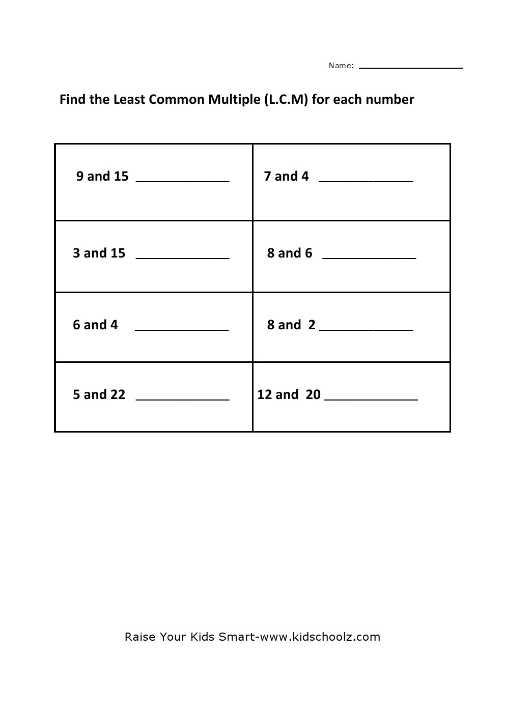 Grade 4 Least Common Multiple LCM Worksheet 2 Kidschoolz