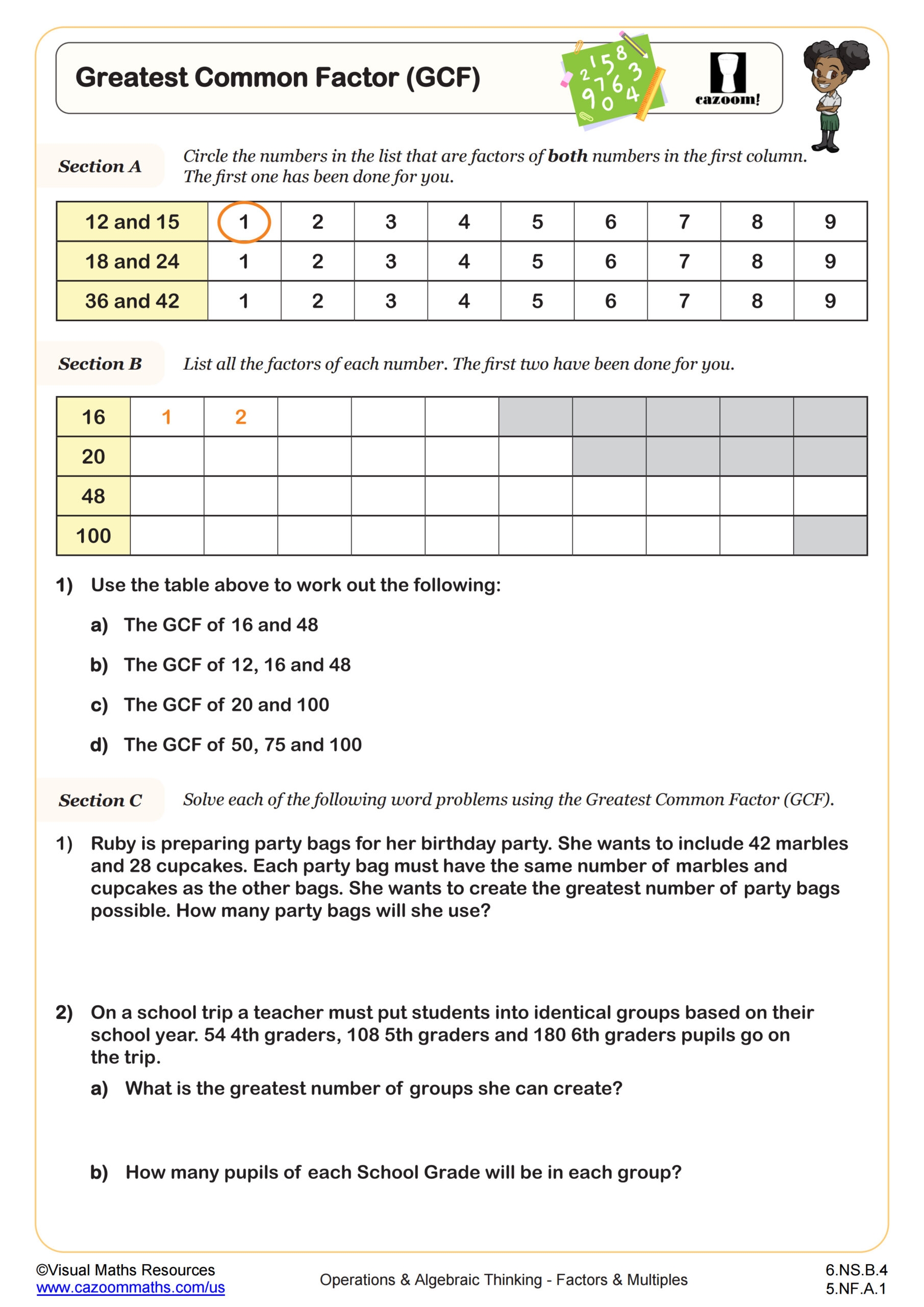 greatest common factor worksheets