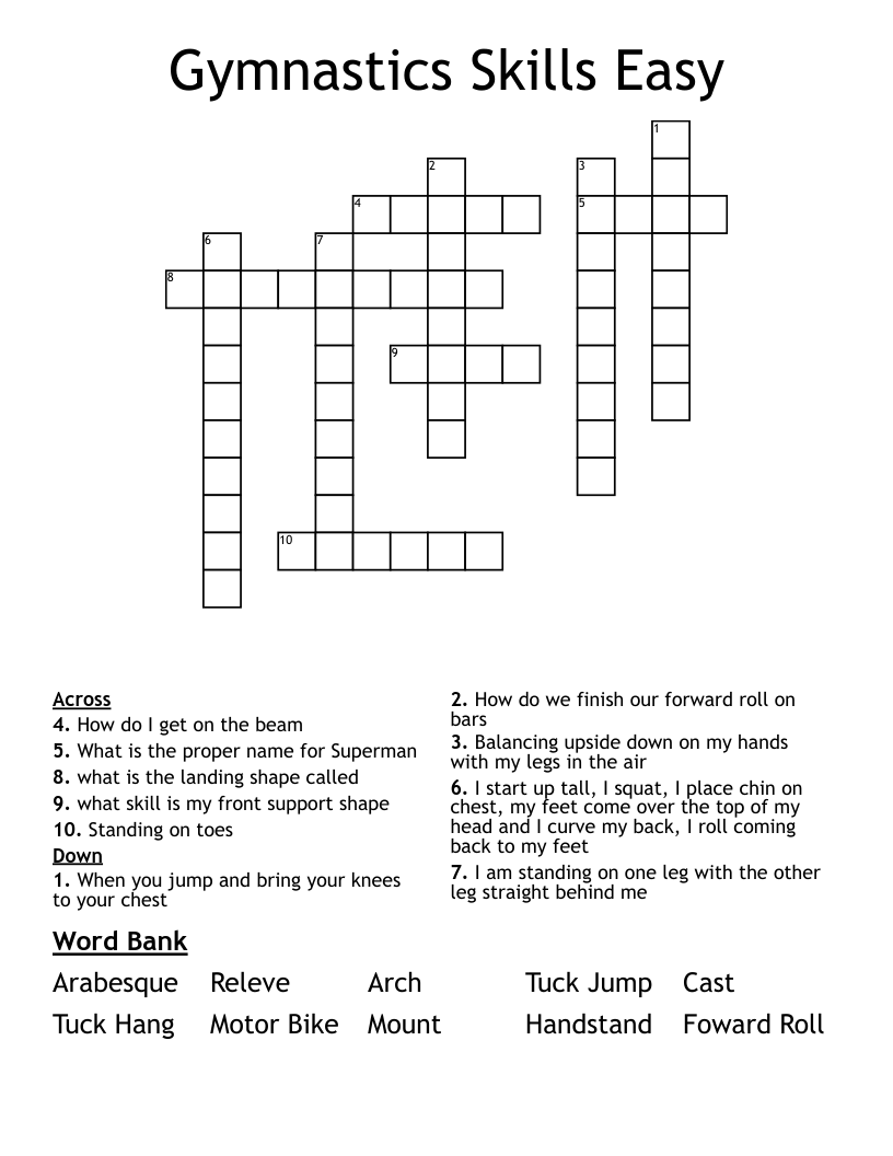 Gymnastics Skills Easy Crossword WordMint