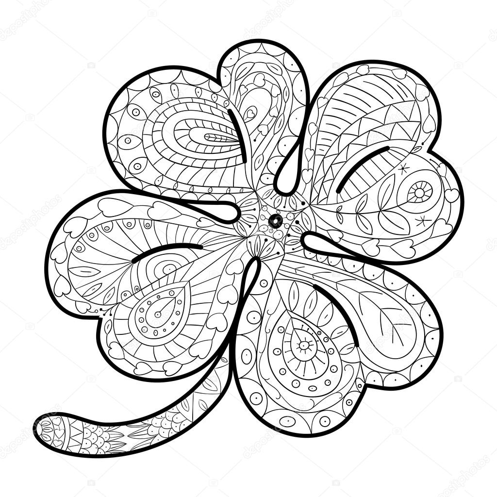 Hand Drawn Four Leaf Clover For Adult Coloring Pages In Doodle Style Ethnic Ornamental Vector Illustration Coloring Book For Relaxation Therapy Stock Vector By UkiArtDesign 109399736