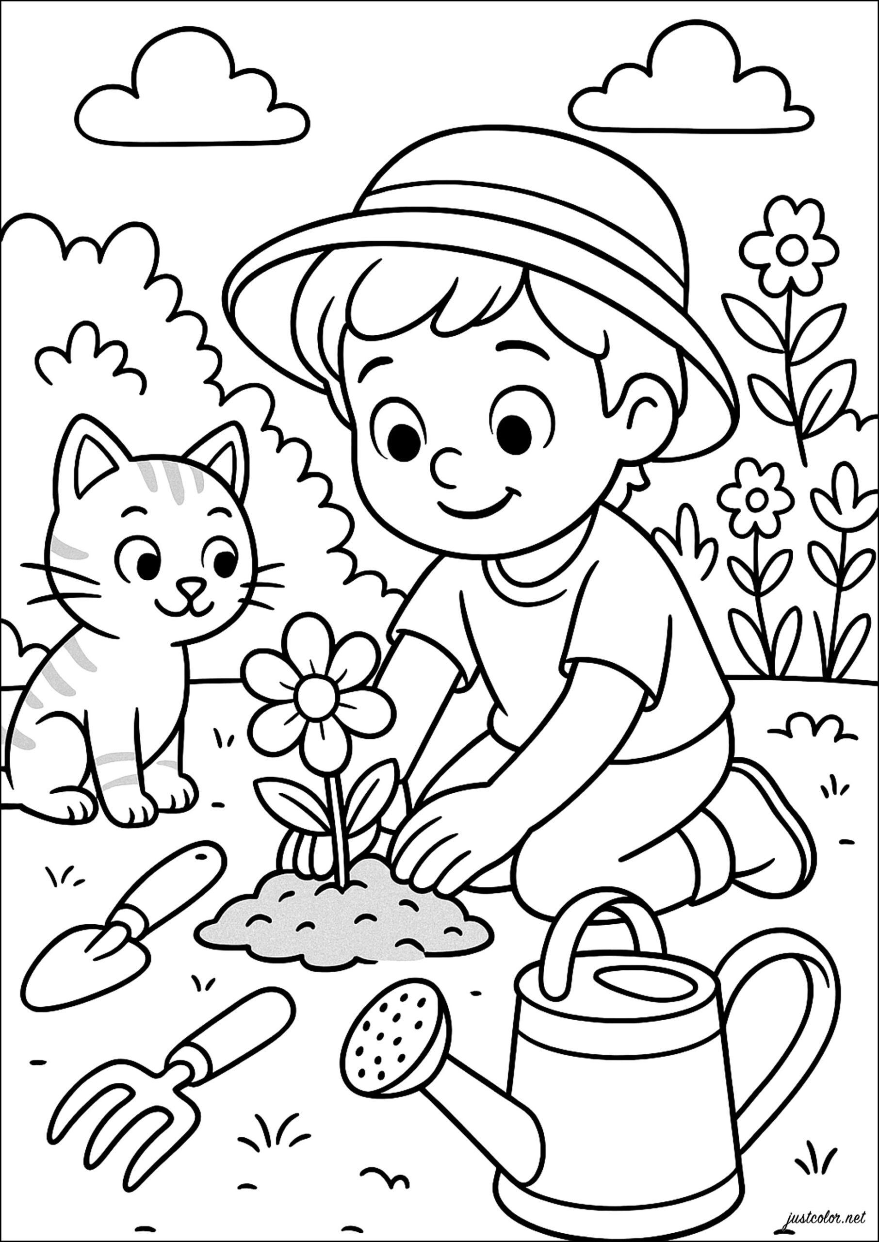Happy Gardening With A Little Cat Spring Coloring Pages Happy Gardening With A Little Cat Spring Coloring Pages