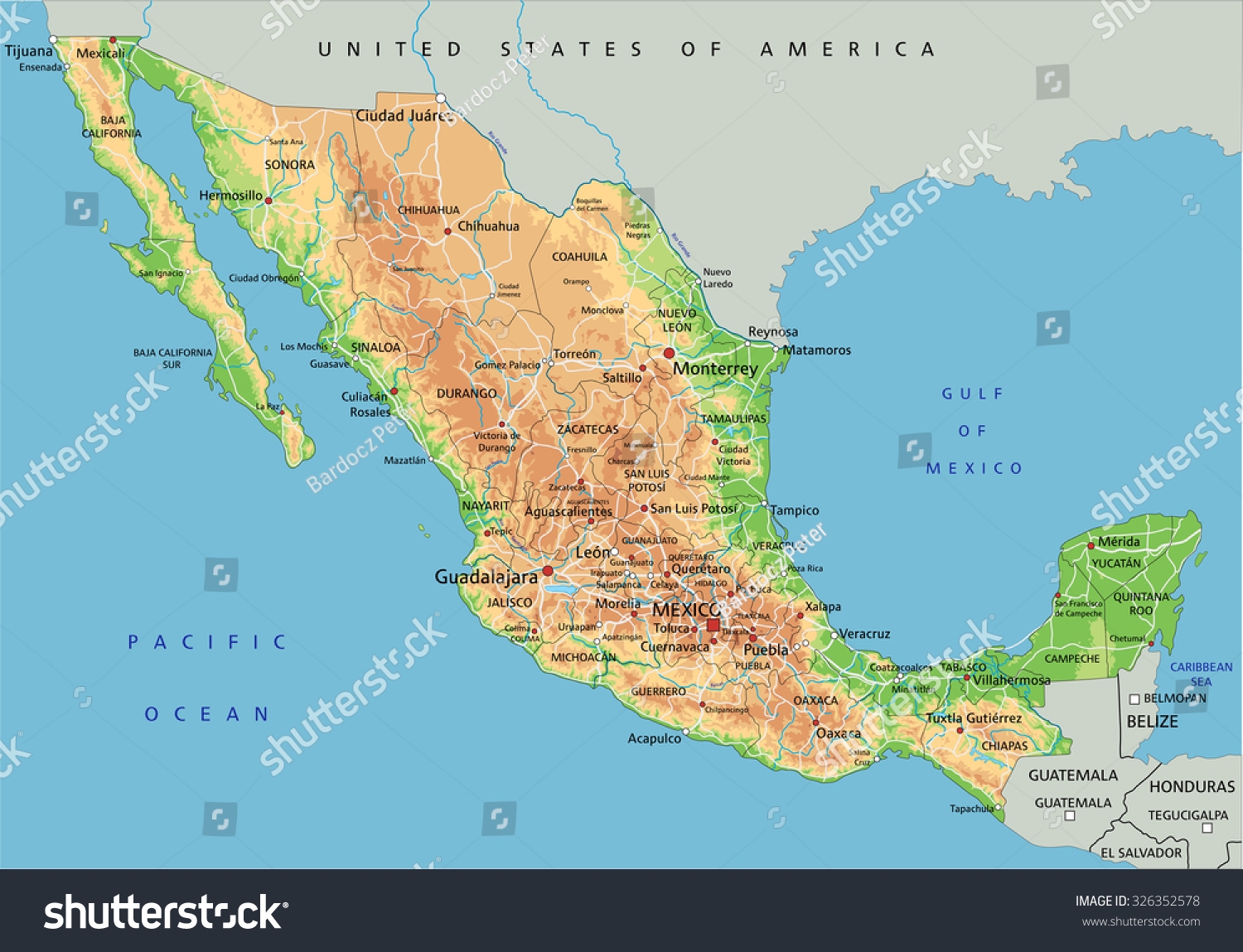 High Detailed Mexico Physical Map Labeling Stock Vector Royalty Free 326352578 Shutterstock