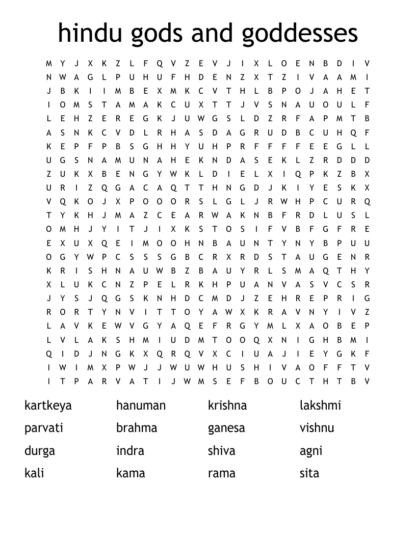 Hindu Gods And Goddesses Word Search WordMint