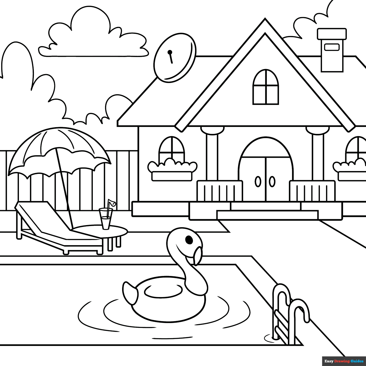 House With A Swimming Pool Coloring Page Easy Drawing Guides
