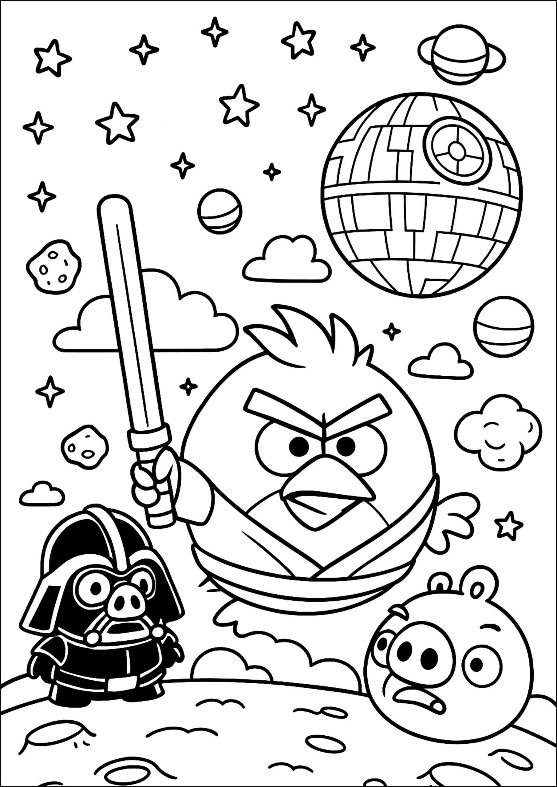 Intergalactic Adventures In Front Of The Death Star Angry Birds Star Wars Coloring Pages