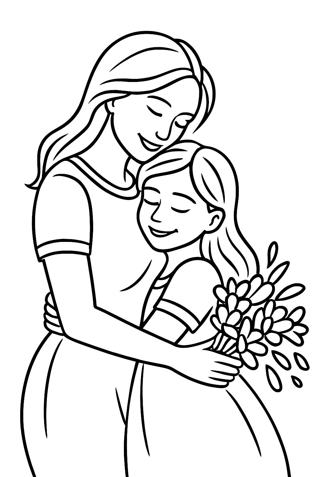 Intimate Mother Daughter Embrace Black And White Line Drawing Coloring Book Pages Playground