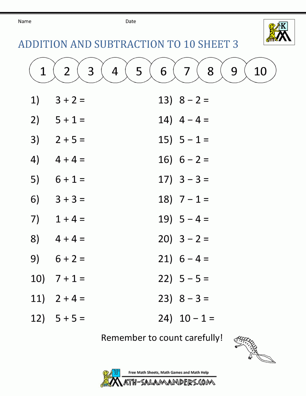 Kindergarten Addition And Subtraction Worksheets
