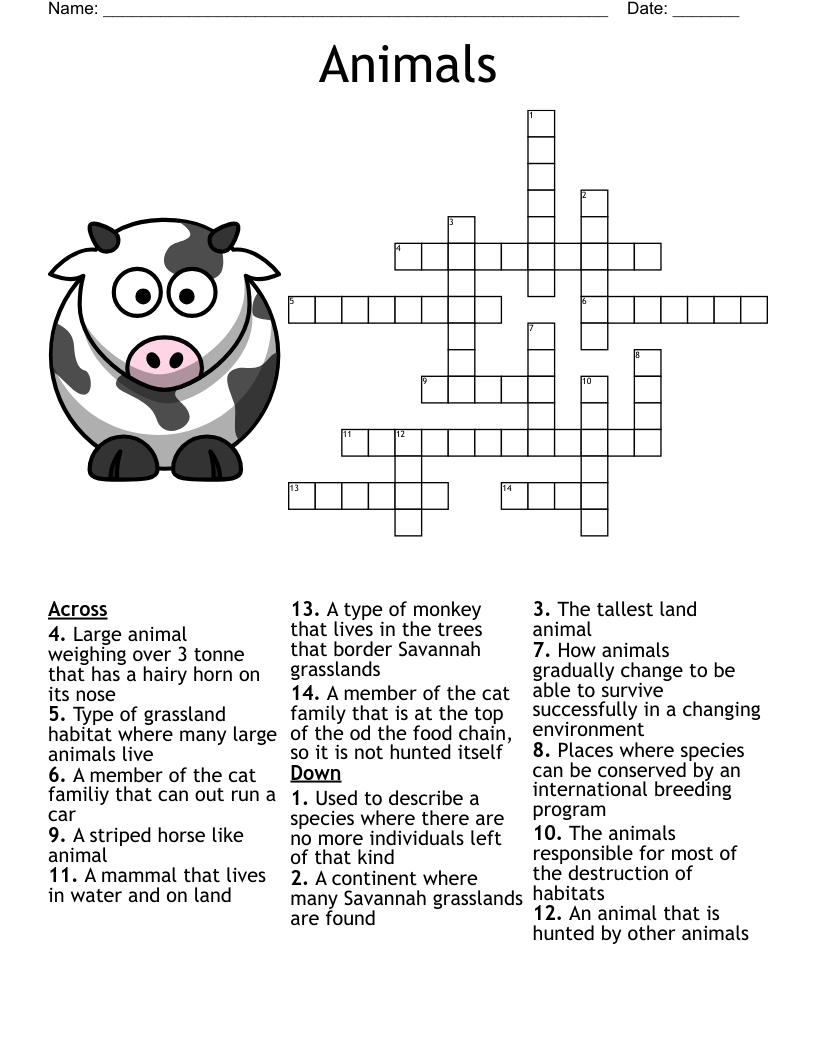 Land Animal Crossword WordMint