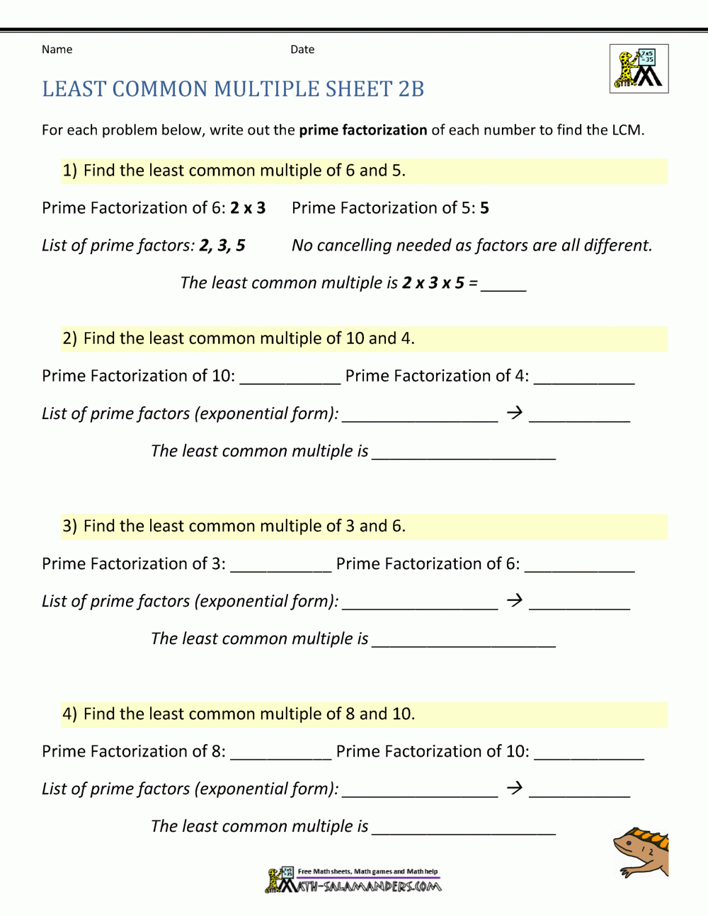least common multiple worksheet