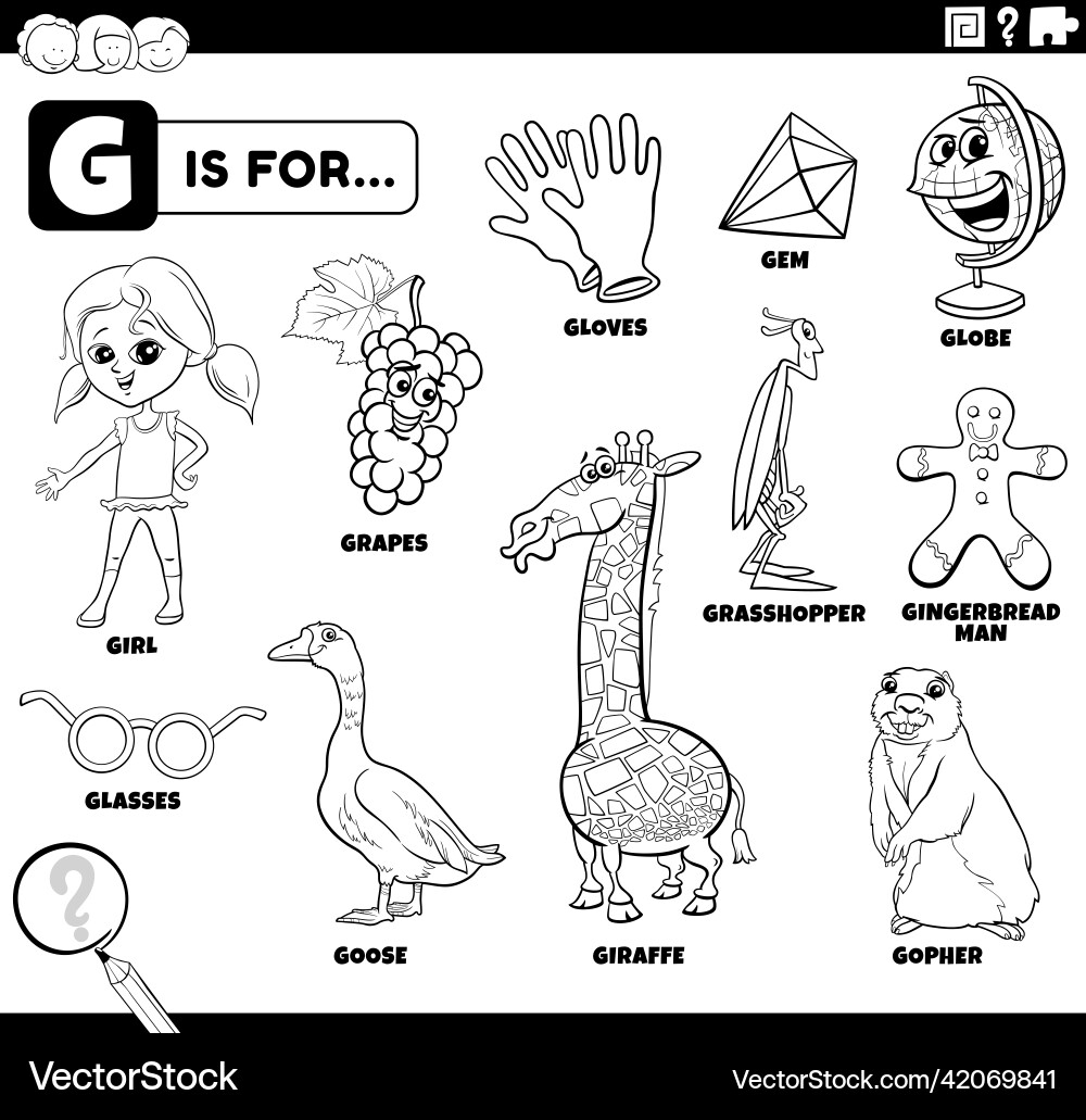 Letter G Words Educational Set Coloring Book Page Royalty Free Vector VectorStock Letter G Words Educational Set Coloring Book Page Royalty Free Vector VectorStock