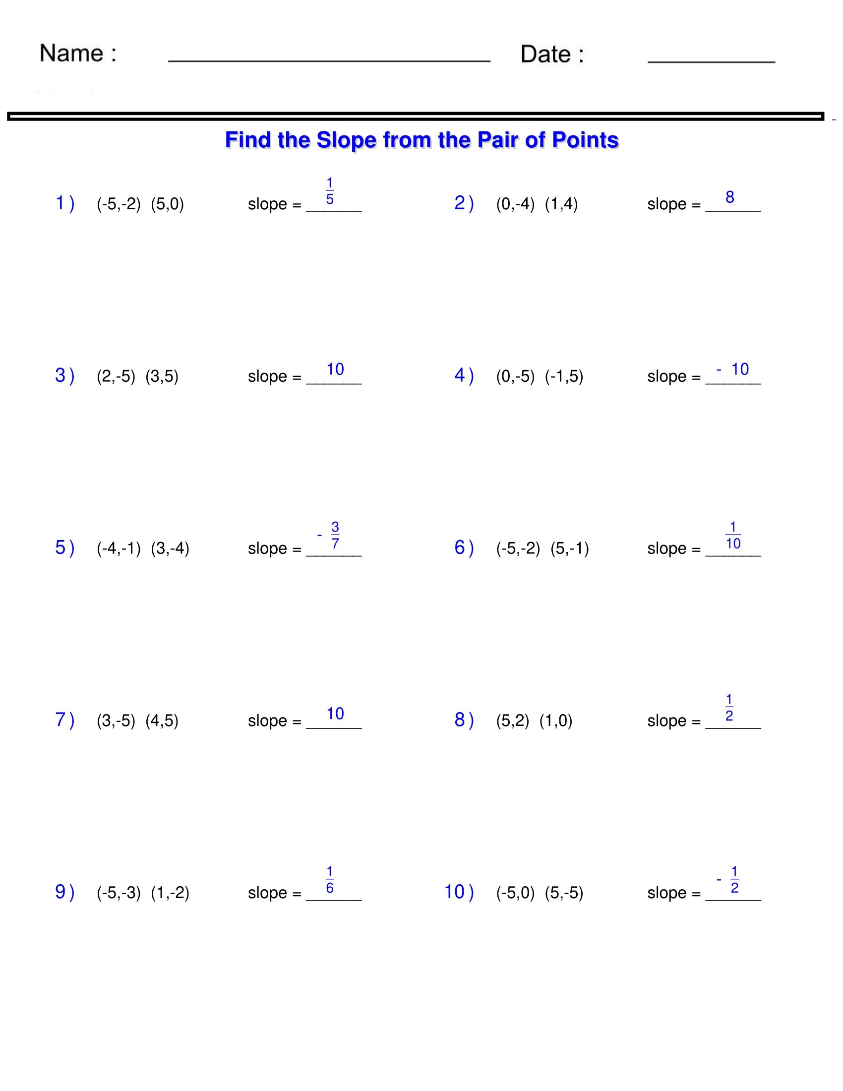 find the slope worksheet find the slope worksheet