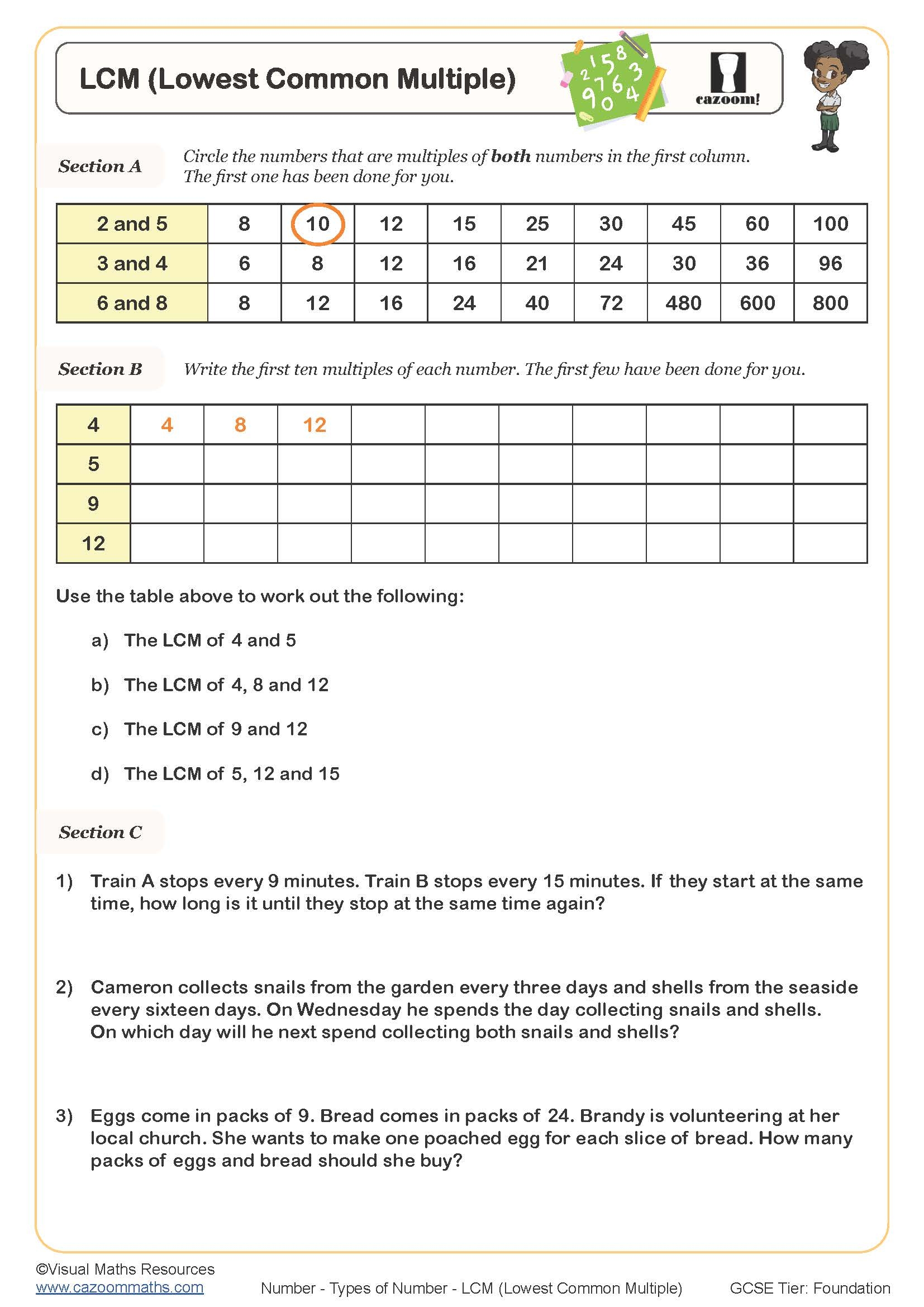 Lowest Common Multiple Worksheet Cazoom Maths Worksheets Lowest Common Multiple Worksheet Cazoom Maths Worksheets