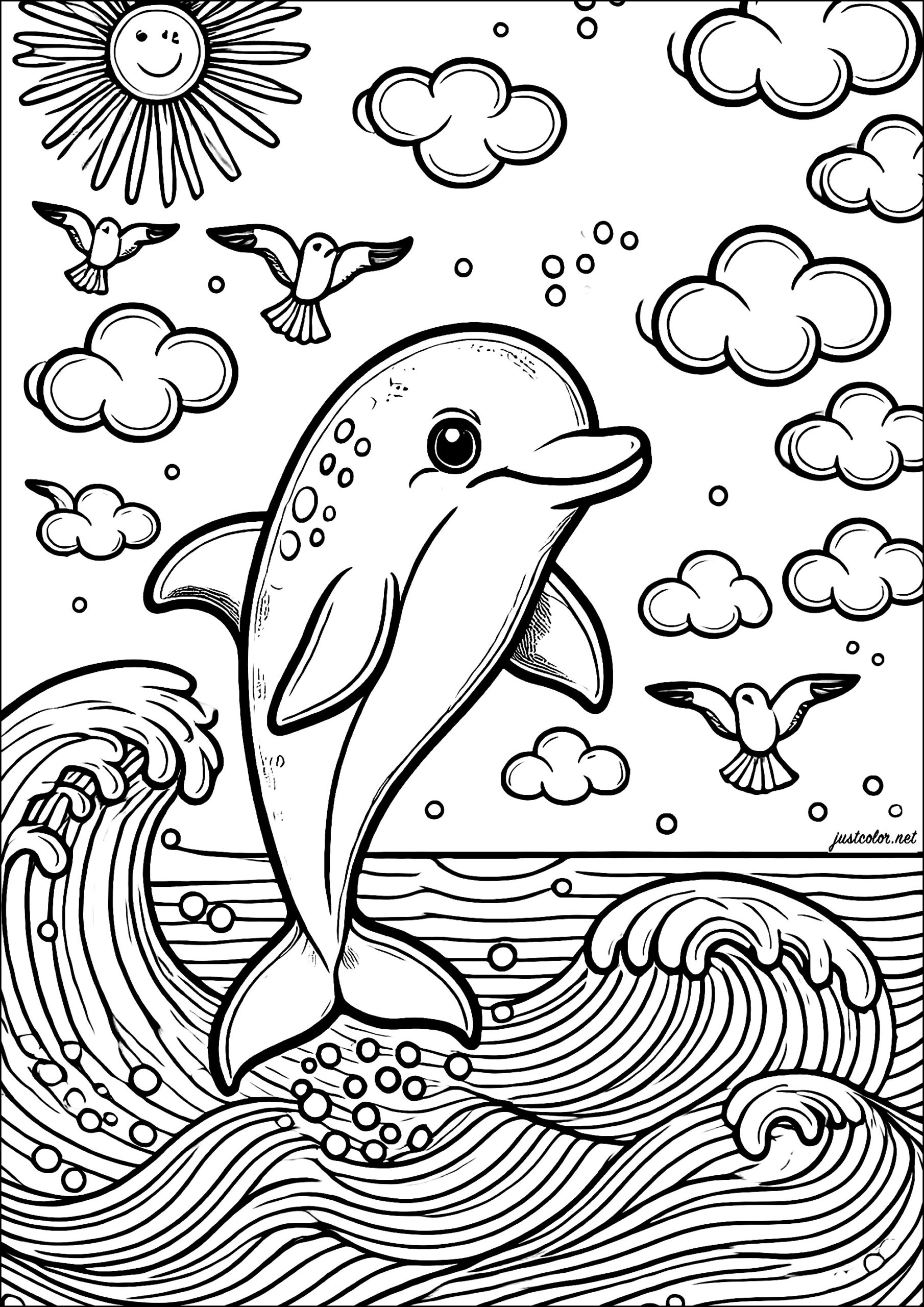 Magnificent Dolphin Emerging From The Ocean Dolphin Coloring Pages