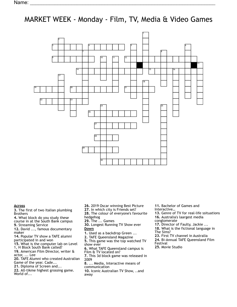 MARKET WEEK Monday Film TV Media Video Games Crossword WordMint