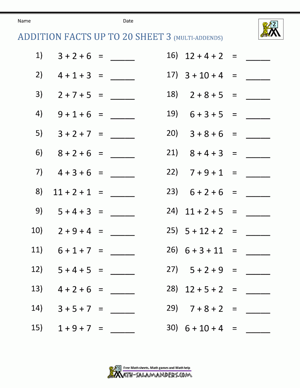 Math Addition Facts To 20