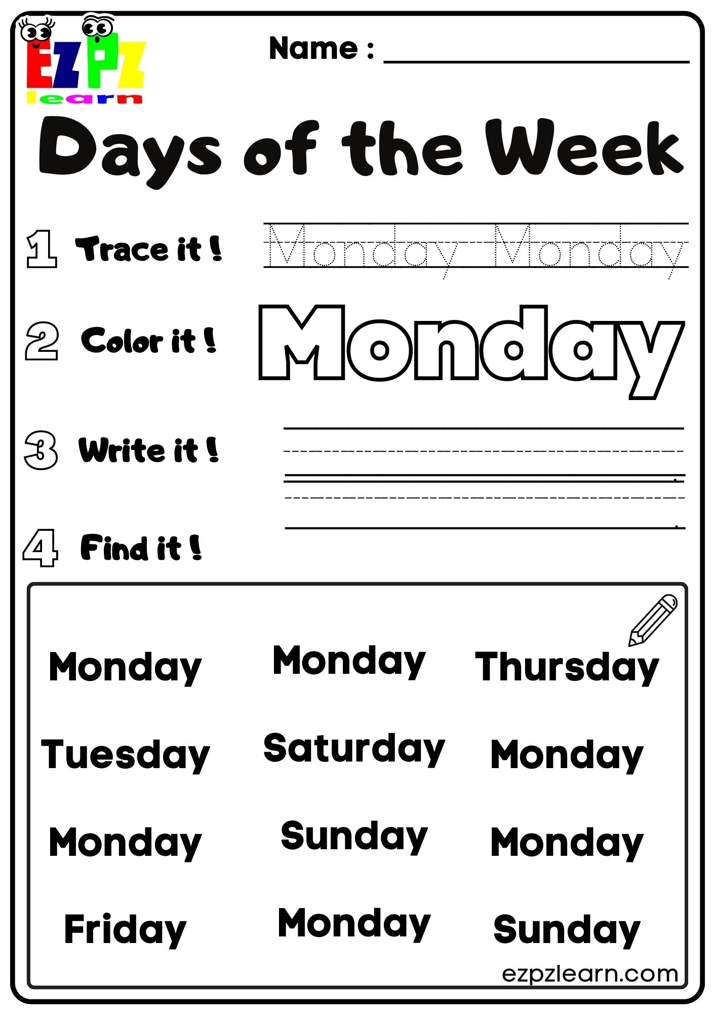days of the week worksheet
