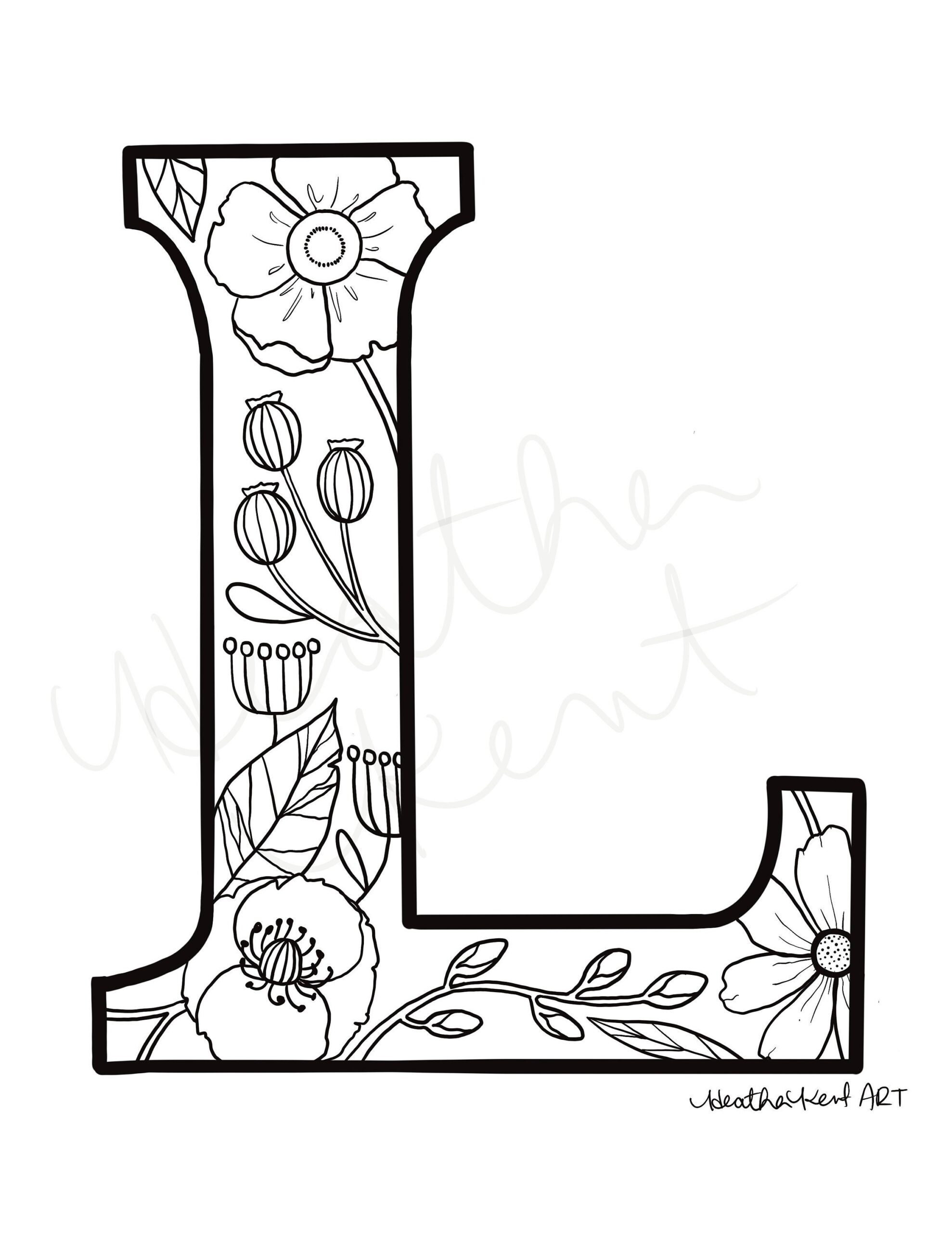 Monogram Coloring Sheet Letter L With Vintage Florals Coloring Page Print Your Own Etsy